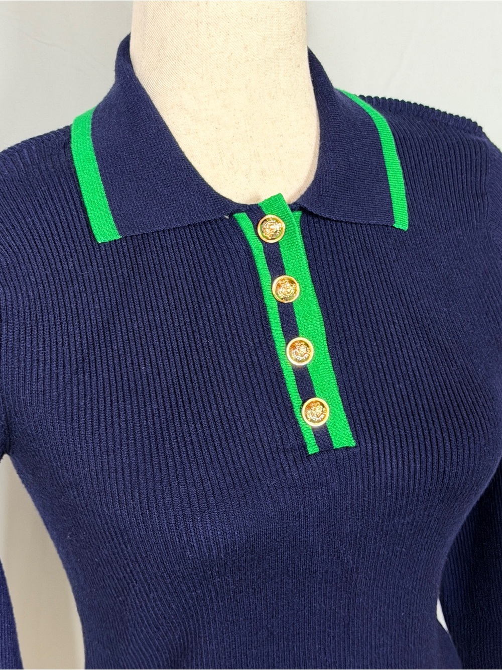 Emerson Lang Navy Knit Polo Sweater with Green Trim, academia, preppy, - Picture 6 of 10